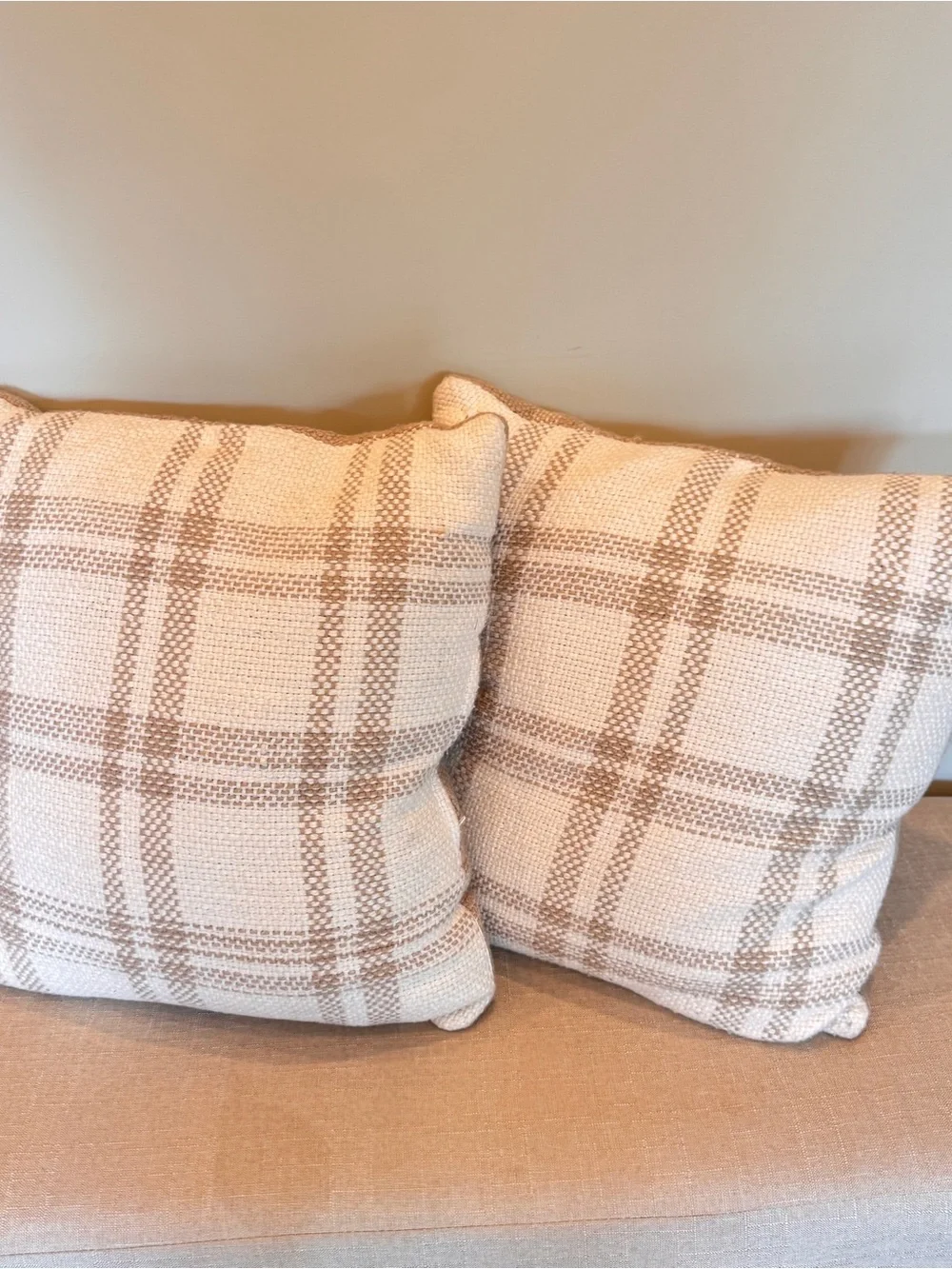 Plaid Decorative Throw Pillows Set of 2 Beige White Reversible 18x18 Farmhouse